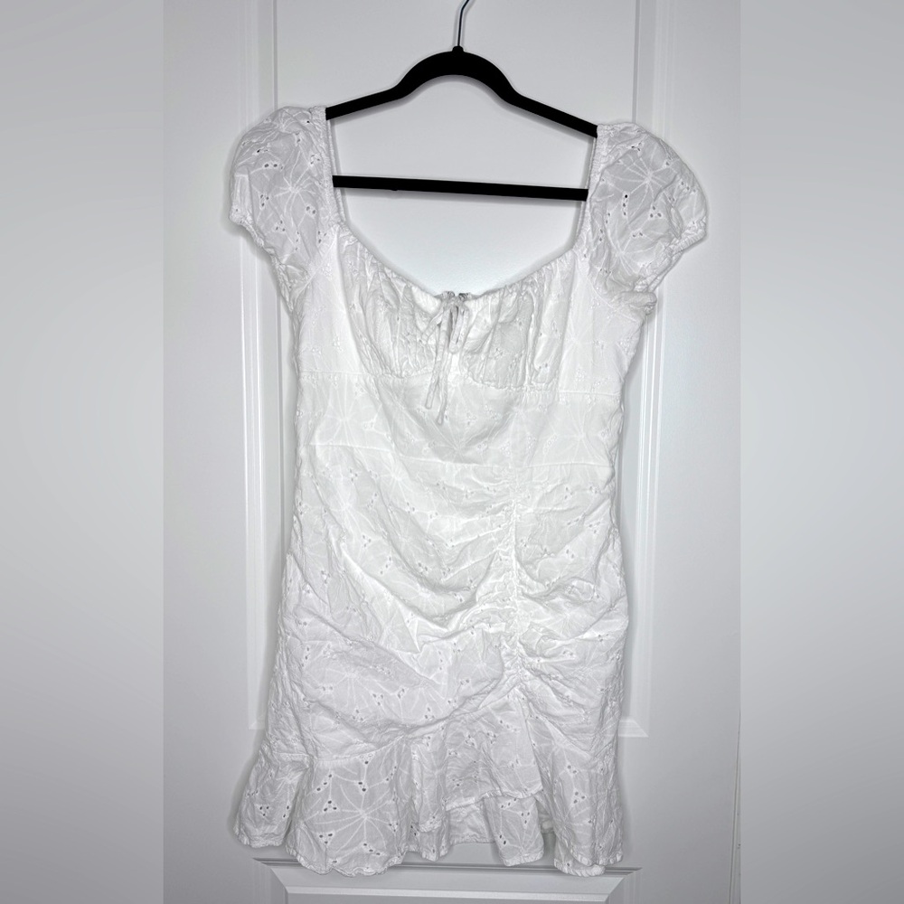 Off shoulder eyelet dress with side ruching